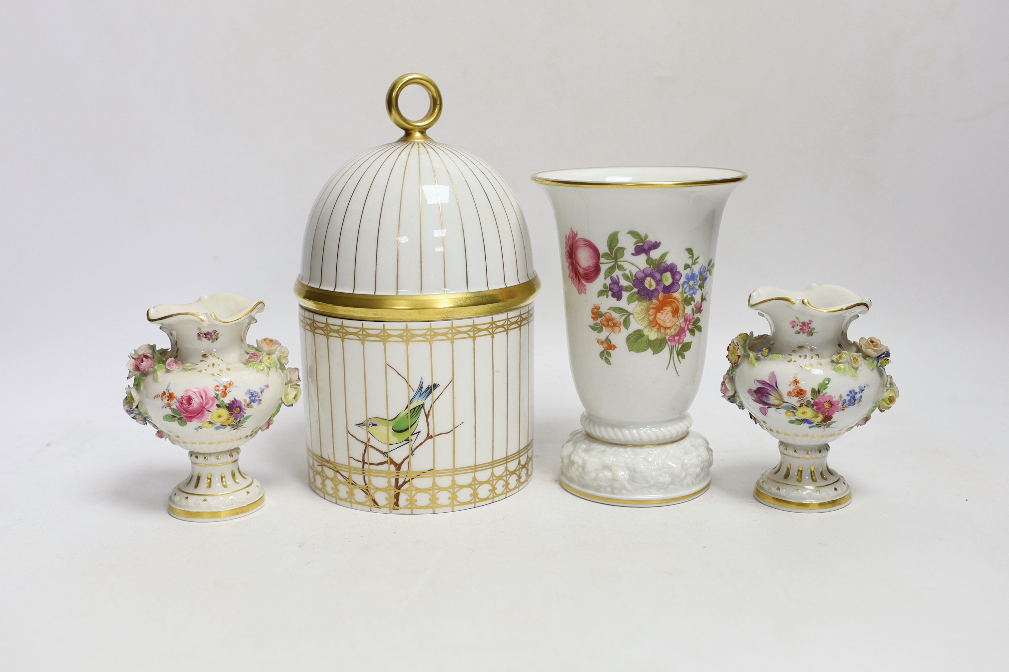A pair of Meissen flower encrusted vases, a Rosenthal 'birdcage' jar and cover and a Rosenthal vase, tallest 19.5cm